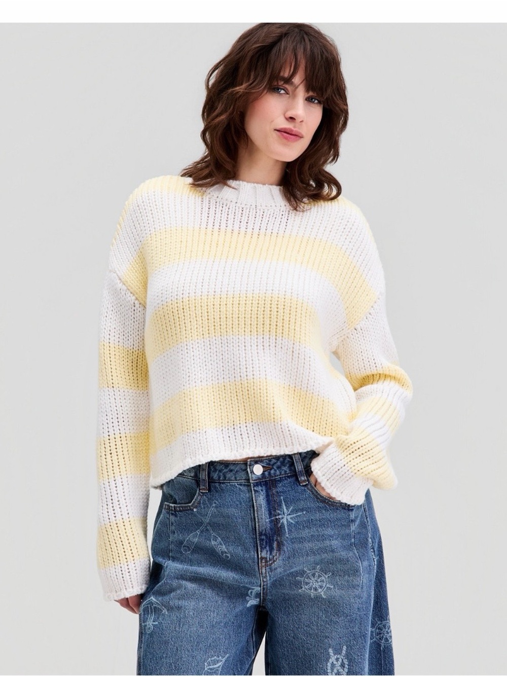 Striped Crewneck Sweater in White and Pale Yellow